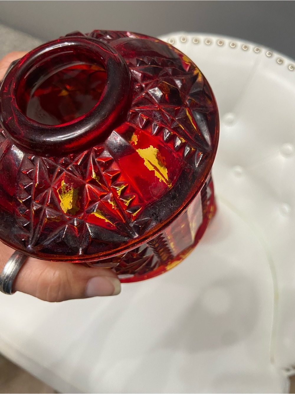 Vintage INDIANA GLASS Fairy Lamp Ruby Flash Red over Amber STARS & BARS - Picture 10 of 17